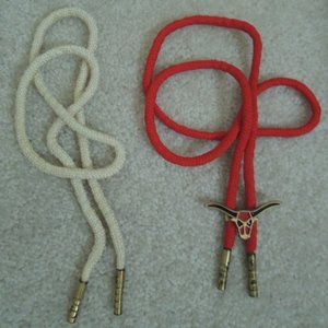 Bolo Tie Longhorn Steer Clasp Brass Tips - Red + White Fabric Bolos - 2 Lariats